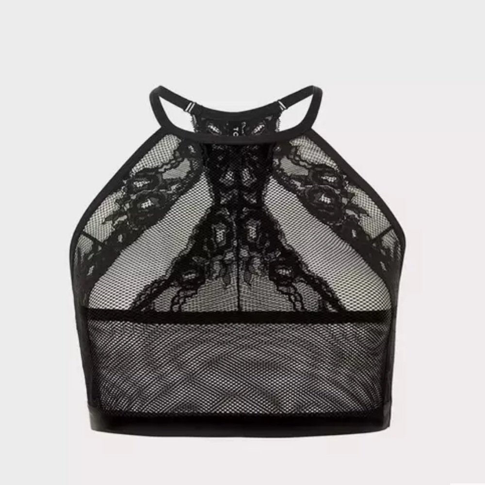 Torrid size 2 Black Mesh & Lace Halter Bralette EUC floral layer boudoir